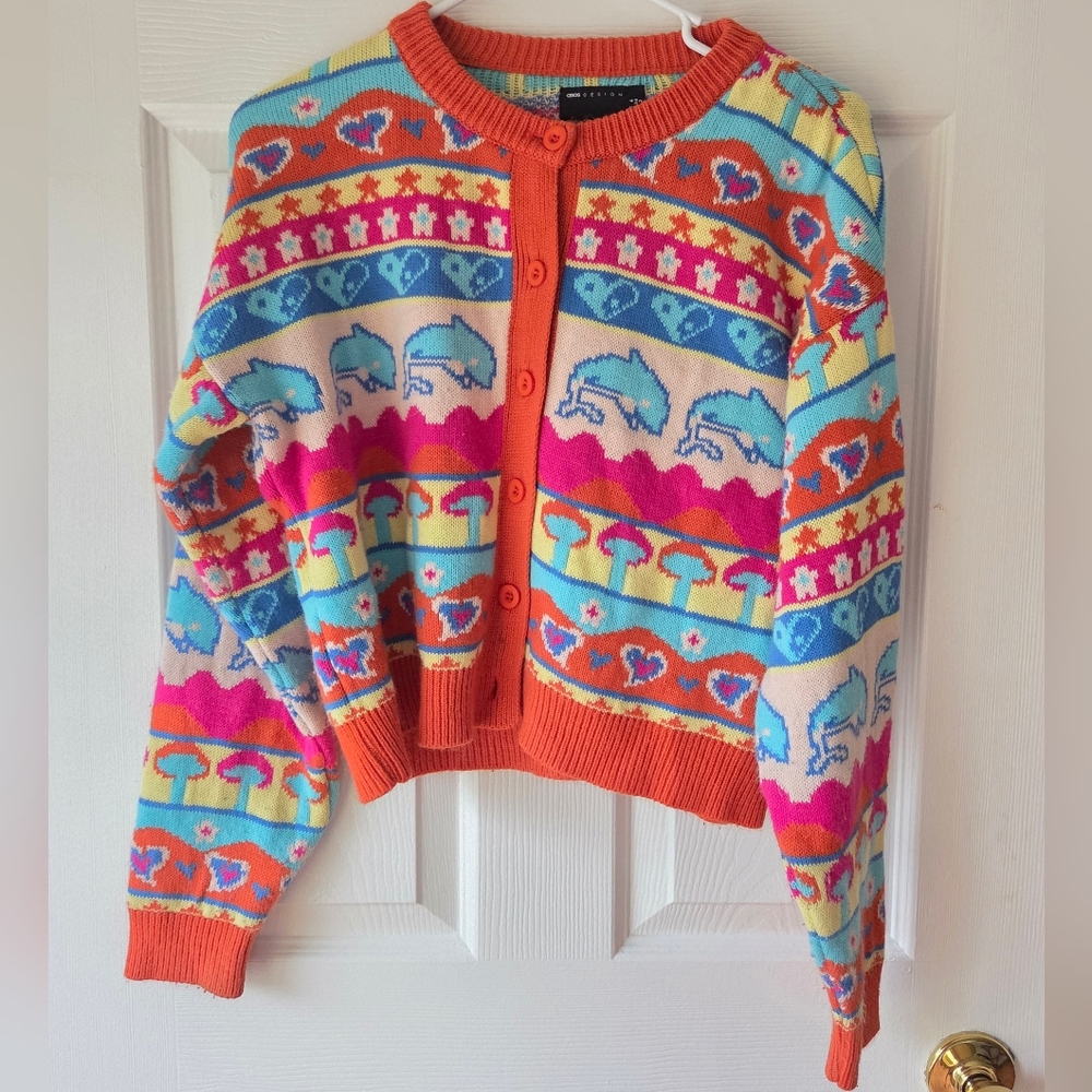 ASOS Patchwork Cardigan Sz 2 Dolphin Mushroom Rare Crew Neck Cottagecore - Picture 3 of 6